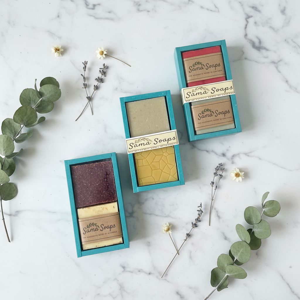 Sama Soaps gift boxes with premium spa background