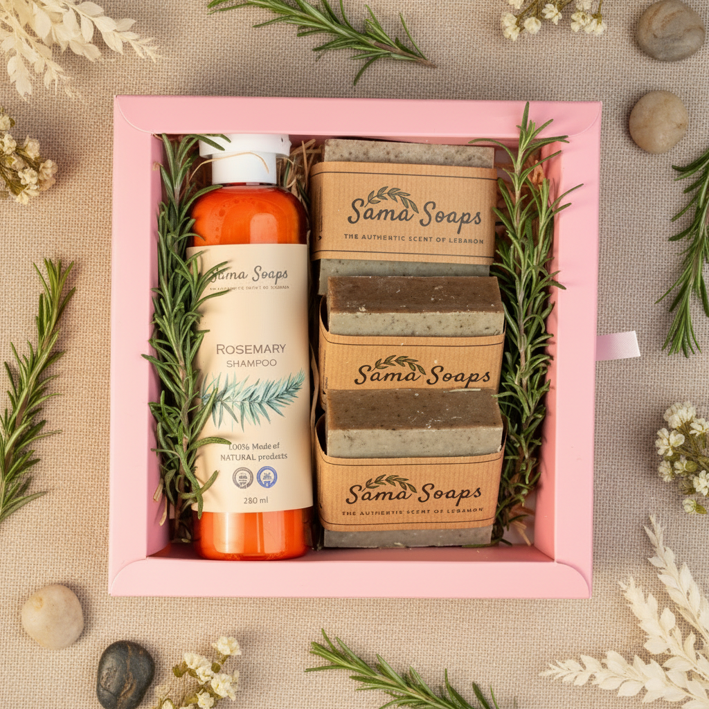 Sama Soaps rosemary gift set with premium background